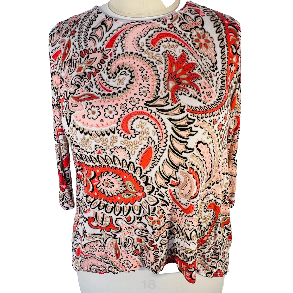 Ruby Rd. - Knit Top Women's PL Pink Beige Red Abstract Paisley Boat Neck 3/4 Slv